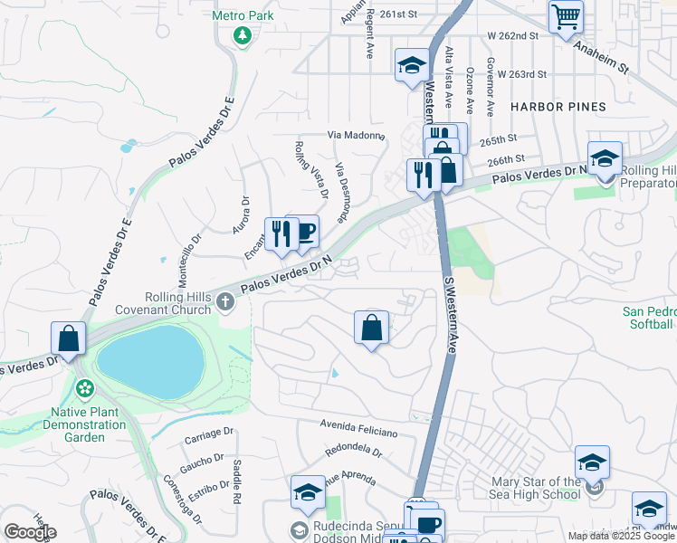 map of restaurants, bars, coffee shops, grocery stores, and more near 1967 Rolling Vista Drive in Lomita