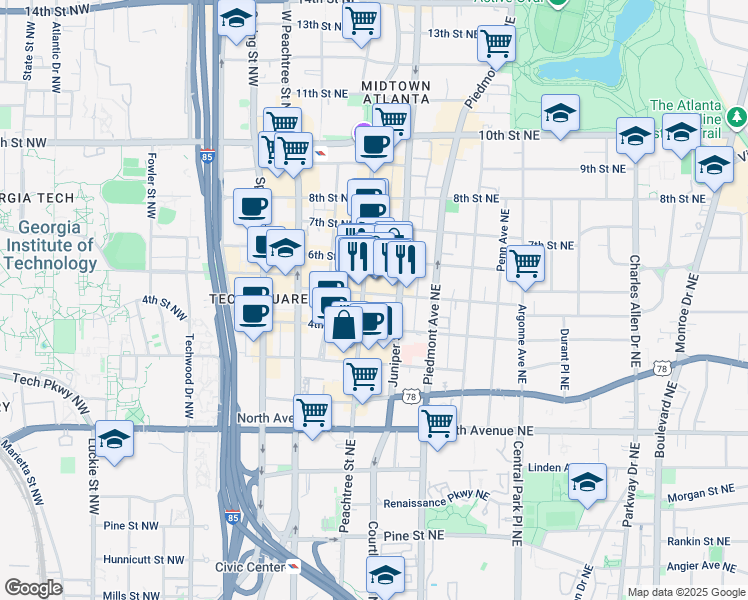 map of restaurants, bars, coffee shops, grocery stores, and more near 781 Peachtree Street Northeast in Atlanta