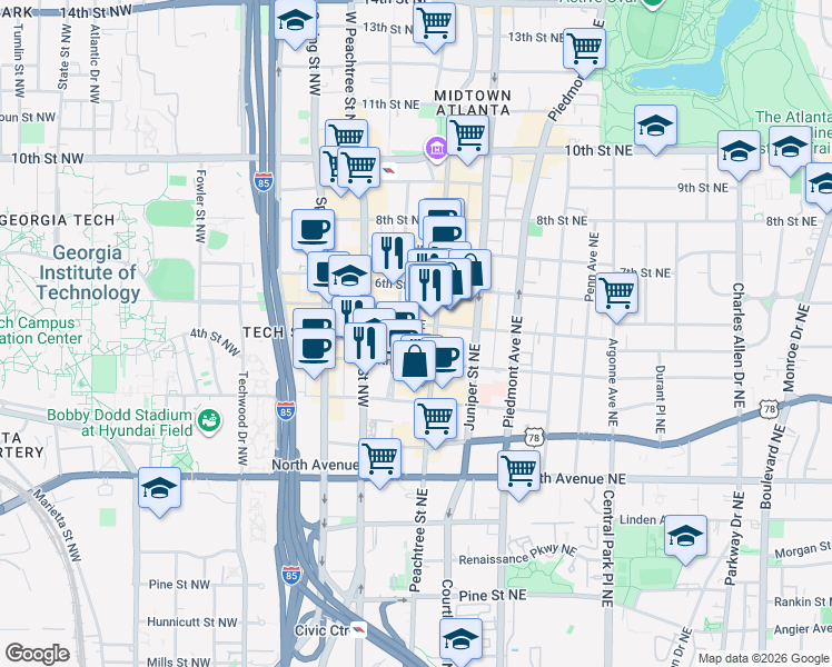 map of restaurants, bars, coffee shops, grocery stores, and more near 764 West Peachtree Street Northwest in Atlanta