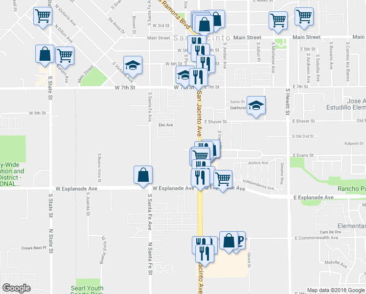 map of restaurants, bars, coffee shops, grocery stores, and more near 1180 South San Jacinto Avenue in San Jacinto