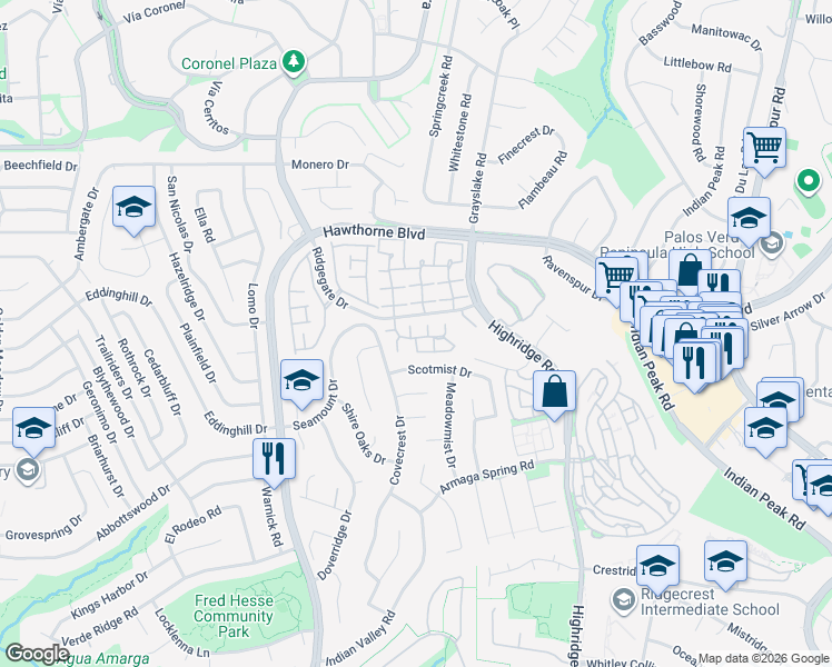 map of restaurants, bars, coffee shops, grocery stores, and more near 28145 Ridgecove Court South in Rancho Palos Verdes