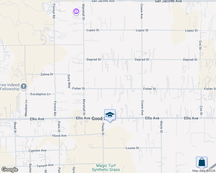 map of restaurants, bars, coffee shops, grocery stores, and more near 22200 Fisher Street in Perris