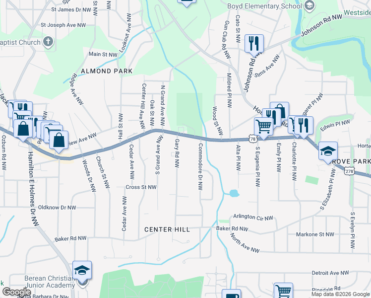 map of restaurants, bars, coffee shops, grocery stores, and more near 757 Gary Road Northwest in Atlanta