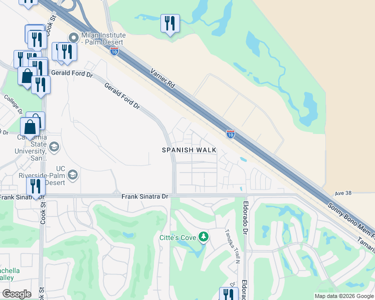 map of restaurants, bars, coffee shops, grocery stores, and more near 232 Paseo Gusto in Palm Desert