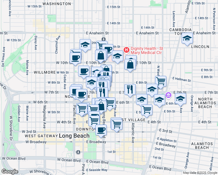 map of restaurants, bars, coffee shops, grocery stores, and more near 357 East 7th Street in Long Beach