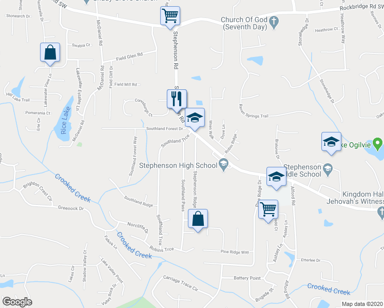 map of restaurants, bars, coffee shops, grocery stores, and more near 681 Stephenson Ridge in Stone Mountain