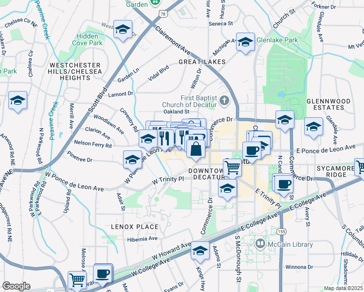 map of restaurants, bars, coffee shops, grocery stores, and more near 358 West Ponce de Leon Avenue in Decatur