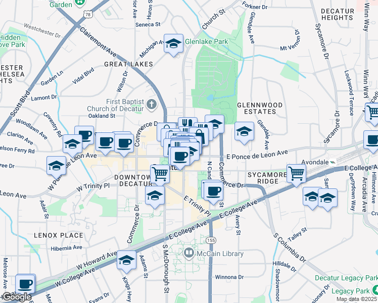 map of restaurants, bars, coffee shops, grocery stores, and more near 216 East Ponce de Leon Avenue in Decatur