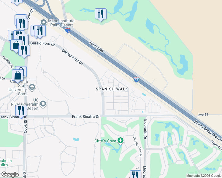 map of restaurants, bars, coffee shops, grocery stores, and more near 232 Paseo Gusto in Palm Desert