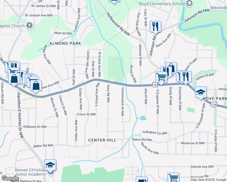 map of restaurants, bars, coffee shops, grocery stores, and more near 757 Gary Road Northwest in Atlanta