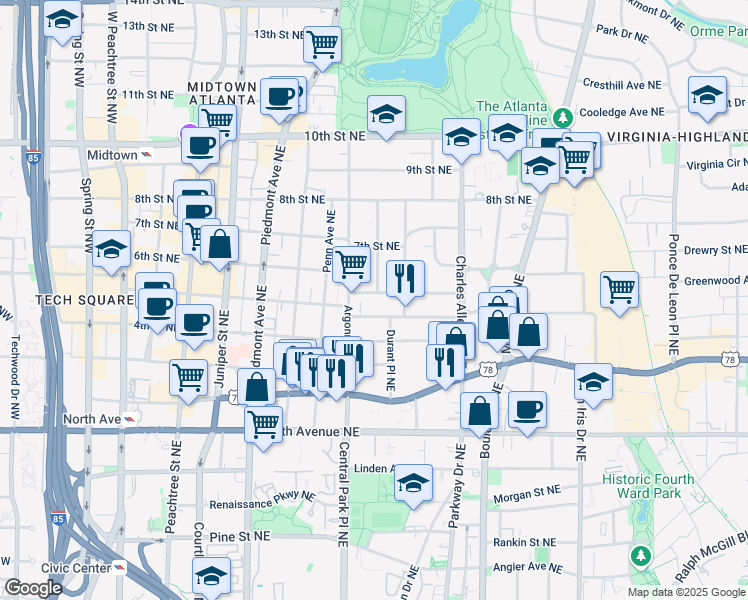 map of restaurants, bars, coffee shops, grocery stores, and more near 327 6th Street Northeast in Atlanta
