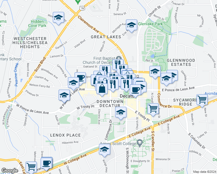 map of restaurants, bars, coffee shops, grocery stores, and more near 190 West Ponce de Leon Avenue in Decatur