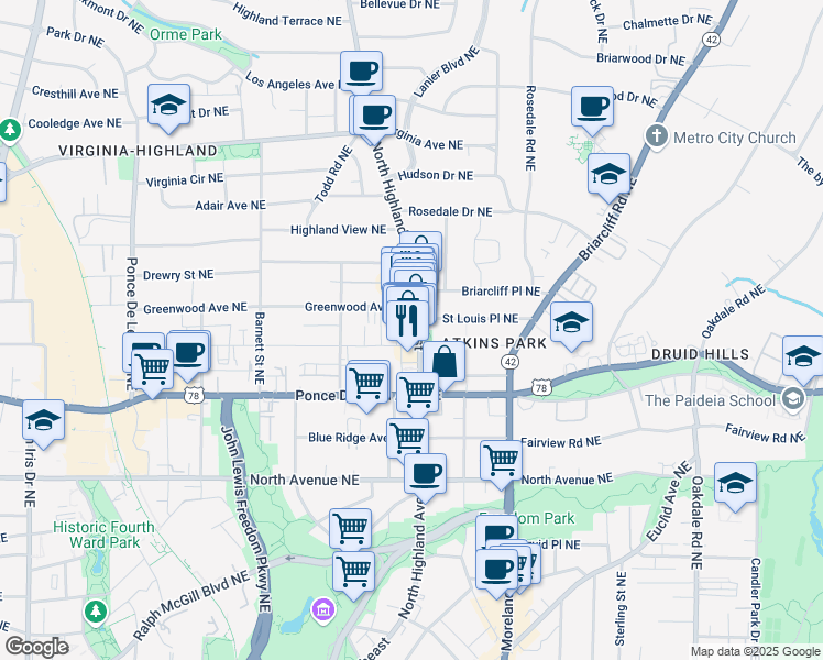 map of restaurants, bars, coffee shops, grocery stores, and more near 774 North Highland Avenue Northeast in Atlanta