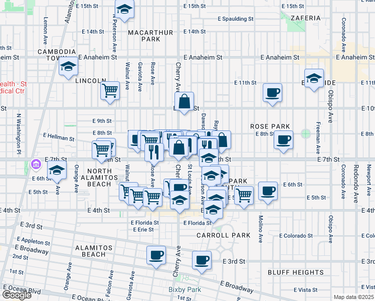 map of restaurants, bars, coffee shops, grocery stores, and more near 731 Saint Louis Avenue in Long Beach
