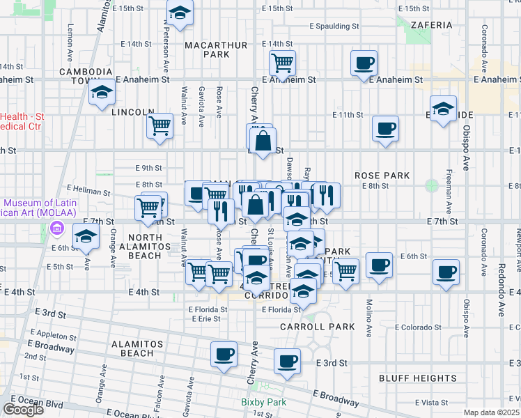 map of restaurants, bars, coffee shops, grocery stores, and more near 728 Cherry Avenue in Long Beach
