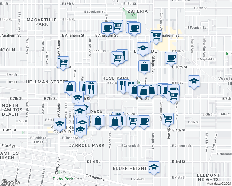 map of restaurants, bars, coffee shops, grocery stores, and more near in Long Beach