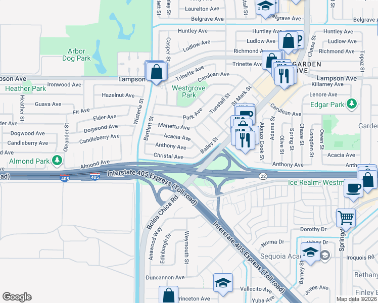 map of restaurants, bars, coffee shops, grocery stores, and more near in Garden Grove