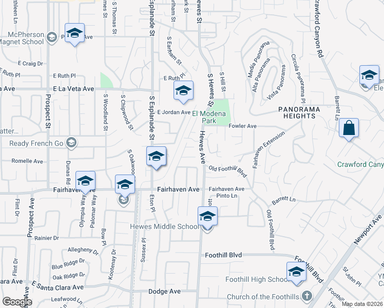 map of restaurants, bars, coffee shops, grocery stores, and more near 4401 East Fernwood Avenue in Orange