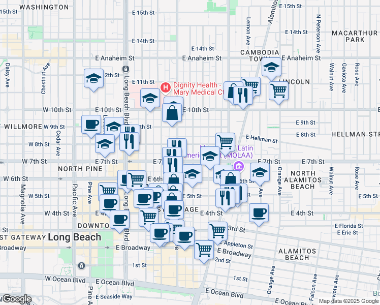 map of restaurants, bars, coffee shops, grocery stores, and more near 729 Lime Avenue in Long Beach