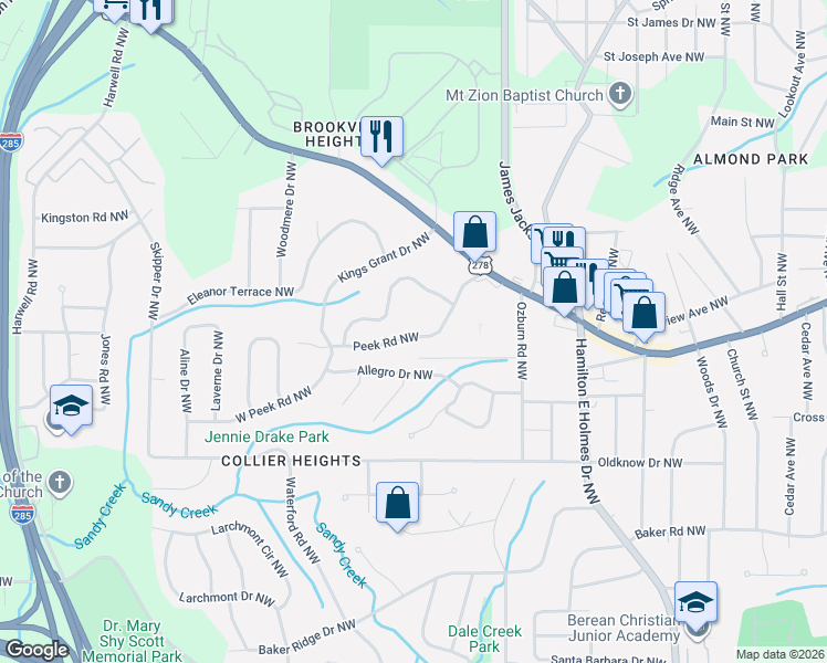 map of restaurants, bars, coffee shops, grocery stores, and more near 2861 Peek Road Northwest in Atlanta