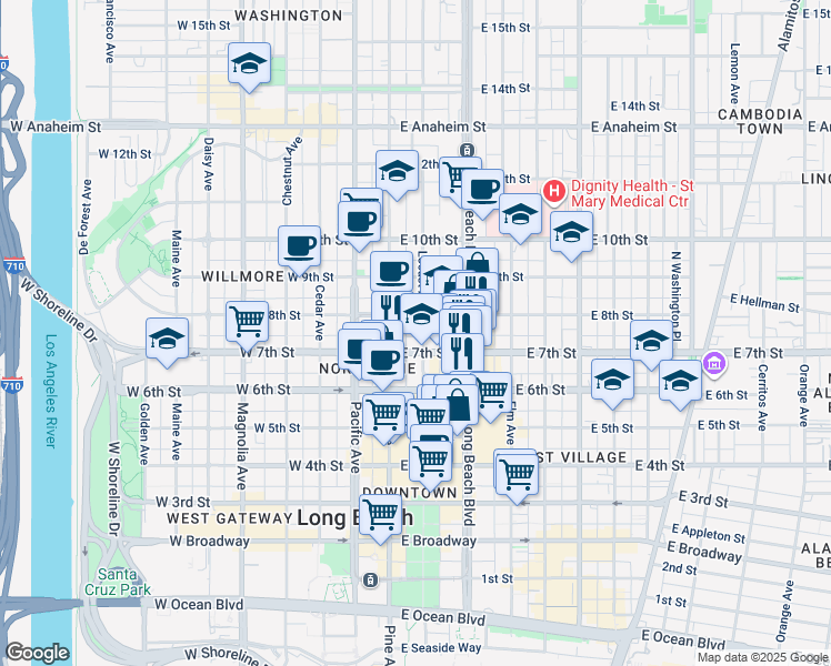 map of restaurants, bars, coffee shops, grocery stores, and more near 727 Locust Avenue in Long Beach