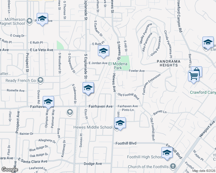 map of restaurants, bars, coffee shops, grocery stores, and more near 4401 East Fernwood Avenue in Orange