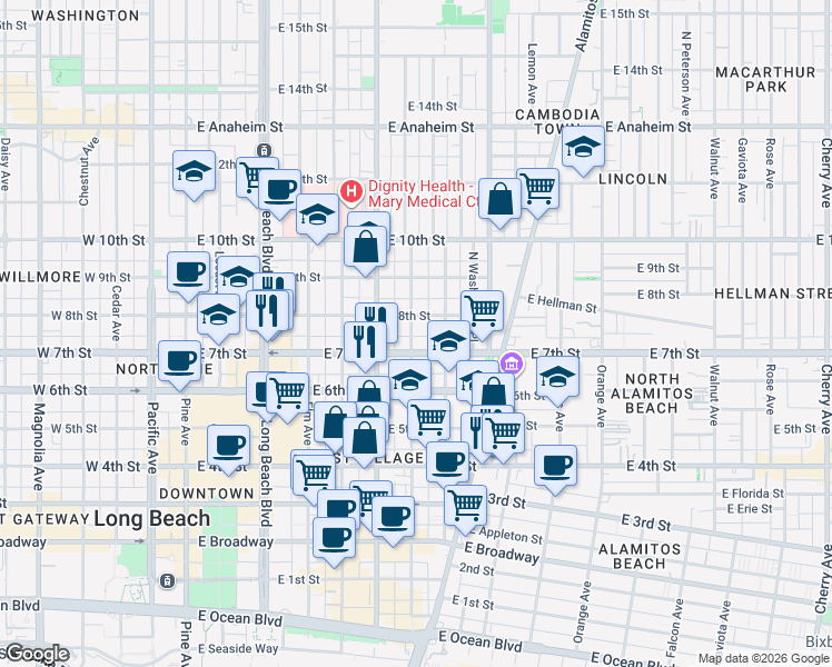 map of restaurants, bars, coffee shops, grocery stores, and more near 728 Lime Avenue in Long Beach