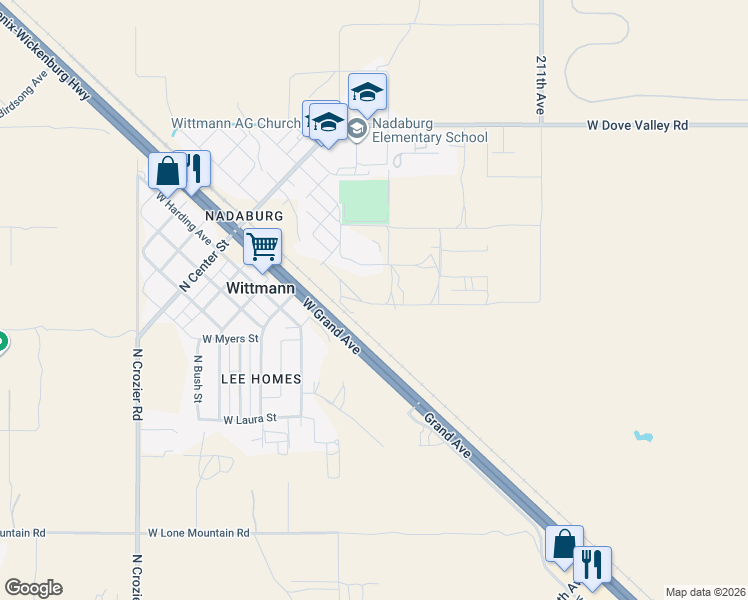 map of restaurants, bars, coffee shops, grocery stores, and more near 21425 West Wildflower Drive in Wittmann