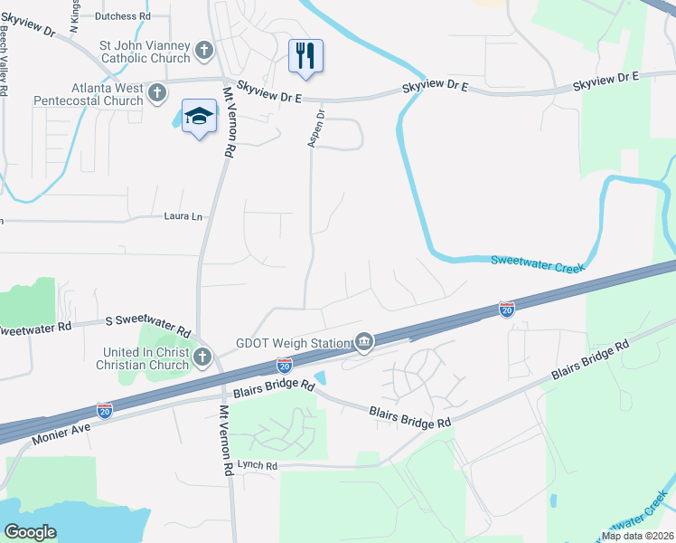 map of restaurants, bars, coffee shops, grocery stores, and more near 1063 Boseman Drive in Lithia Springs