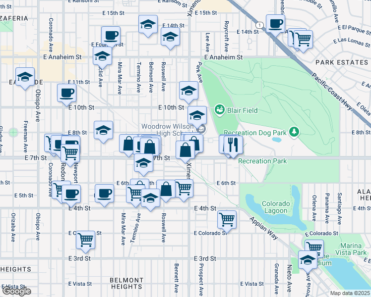 map of restaurants, bars, coffee shops, grocery stores, and more near in Long Beach