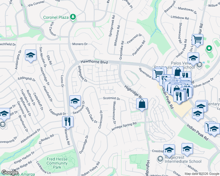 map of restaurants, bars, coffee shops, grocery stores, and more near 28162 Ridgecove Court South in Rancho Palos Verdes