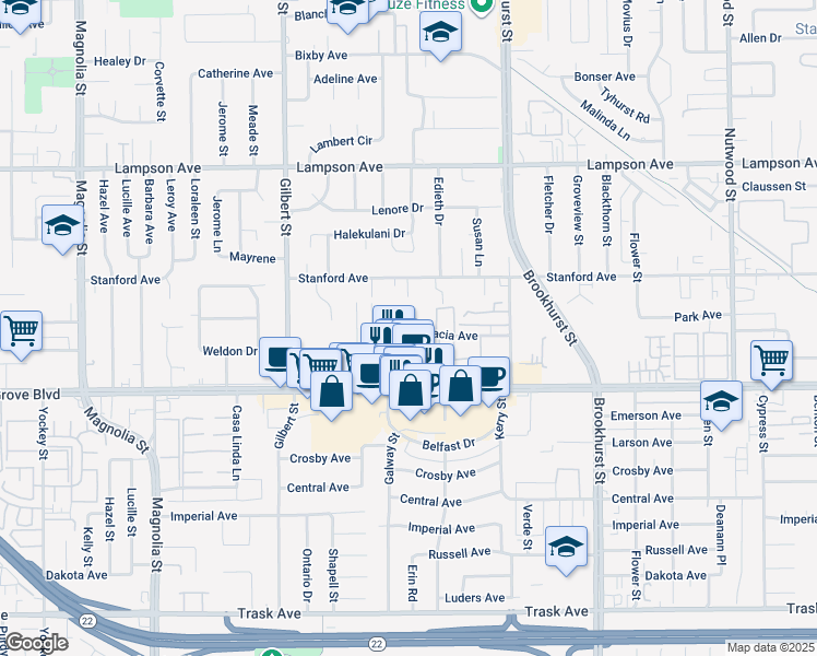 map of restaurants, bars, coffee shops, grocery stores, and more near Galway Street in Garden Grove