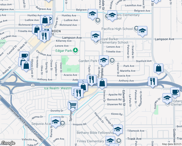 map of restaurants, bars, coffee shops, grocery stores, and more near 6382 Acacia Avenue in Garden Grove