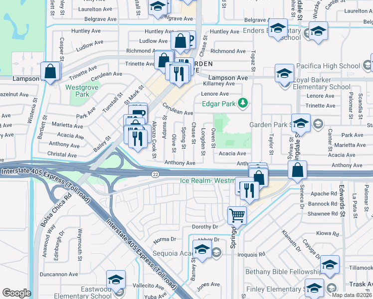 map of restaurants, bars, coffee shops, grocery stores, and more near 12871 Chase Street in Garden Grove