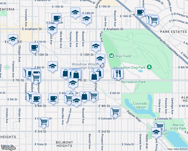 map of restaurants, bars, coffee shops, grocery stores, and more near in Long Beach