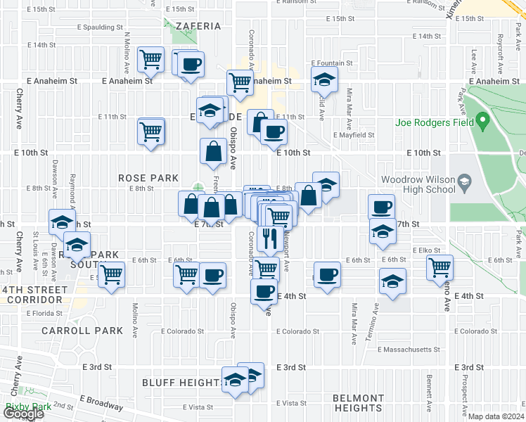 map of restaurants, bars, coffee shops, grocery stores, and more near 3307 East 7th Street in Long Beach