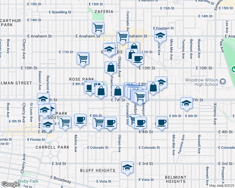 map of restaurants, bars, coffee shops, grocery stores, and more near 3131 East 7th Street in Long Beach