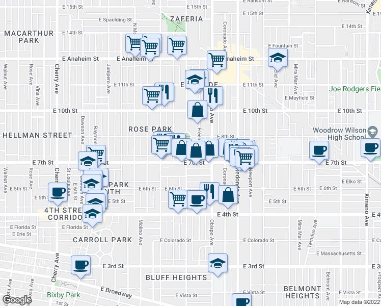 map of restaurants, bars, coffee shops, grocery stores, and more near 3011 East 7th Street in Long Beach