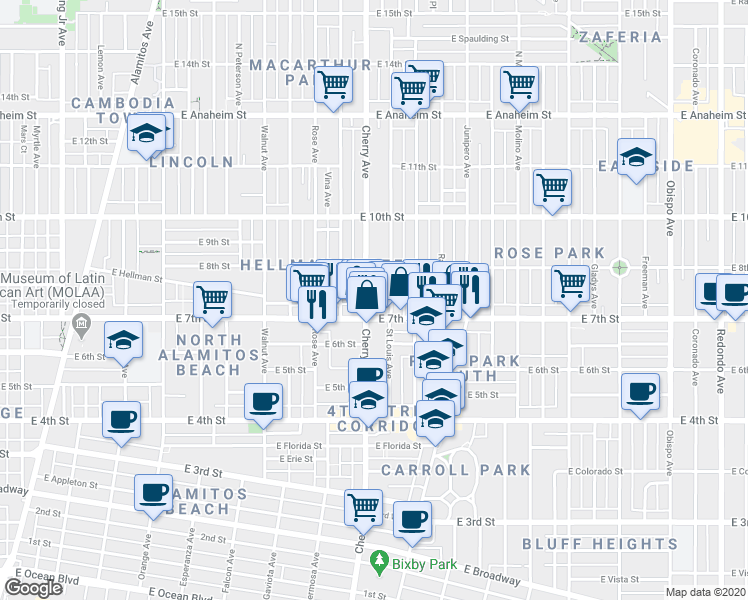 map of restaurants, bars, coffee shops, grocery stores, and more near in Long Beach