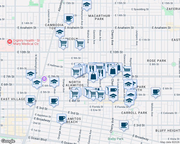 map of restaurants, bars, coffee shops, grocery stores, and more near 1613 East 7th Street in Long Beach