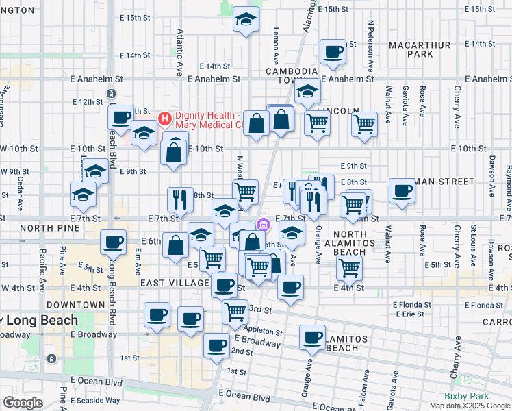 map of restaurants, bars, coffee shops, grocery stores, and more near 907 East 7th Street in Long Beach