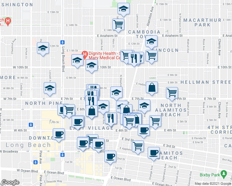map of restaurants, bars, coffee shops, grocery stores, and more near 811 East 7th Street in Long Beach
