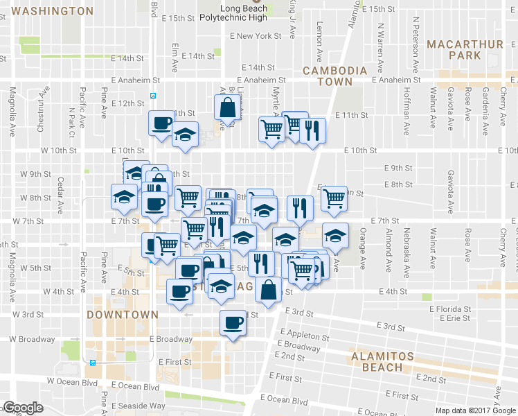 map of restaurants, bars, coffee shops, grocery stores, and more near 707 East 7th Street in Long Beach