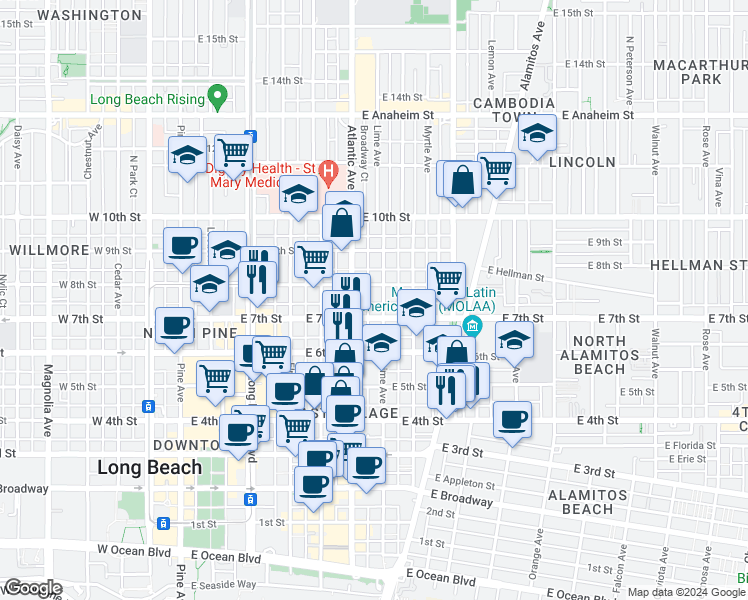 map of restaurants, bars, coffee shops, grocery stores, and more near 707 East 7th Street in Long Beach