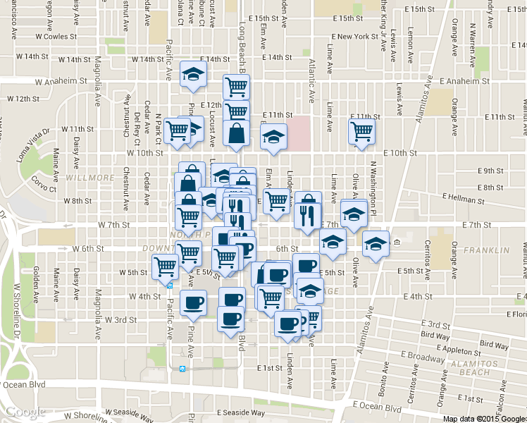 map of restaurants, bars, coffee shops, grocery stores, and more near 357 East 7th Street in Long Beach