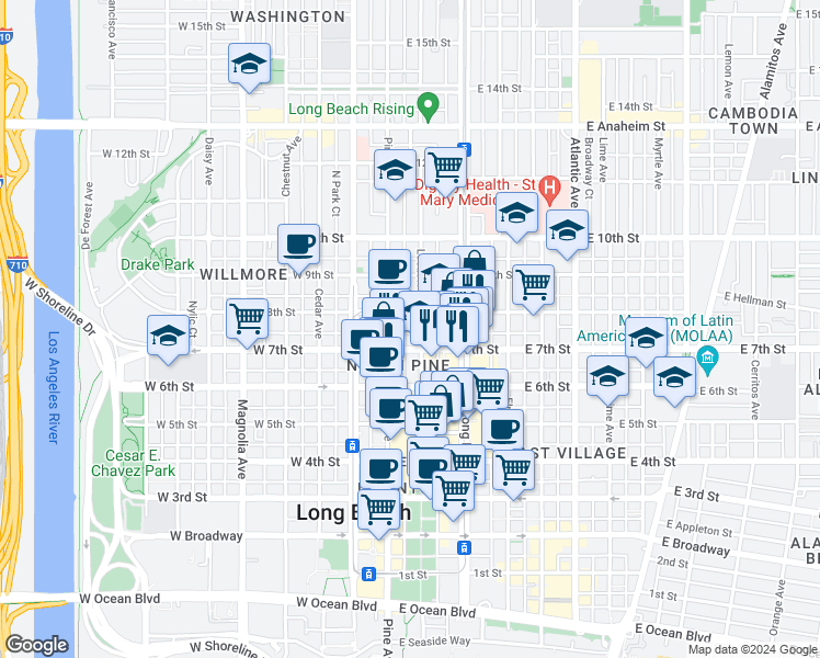 map of restaurants, bars, coffee shops, grocery stores, and more near in Long Beach