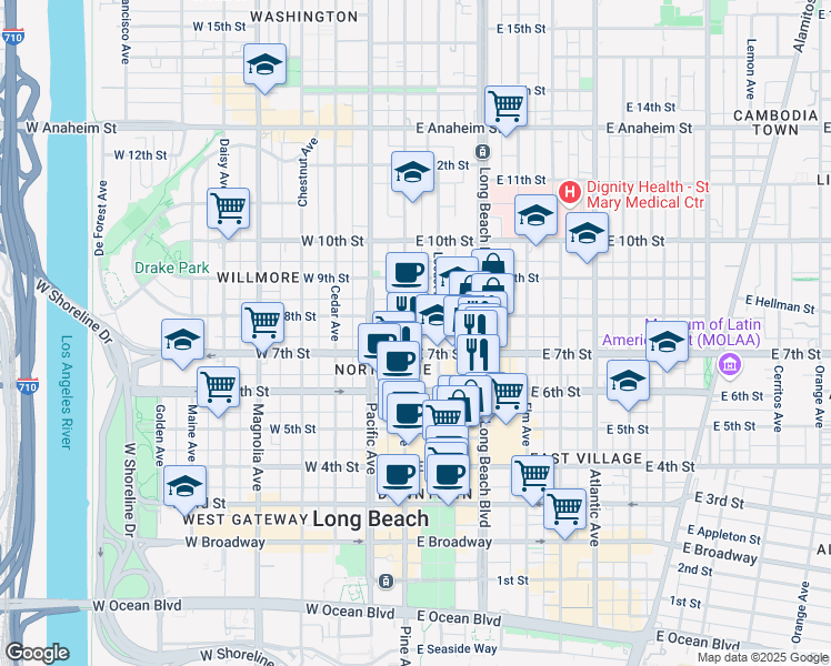 map of restaurants, bars, coffee shops, grocery stores, and more near 701 Pine Avenue in Long Beach
