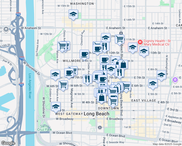 map of restaurants, bars, coffee shops, grocery stores, and more near in Long Beach