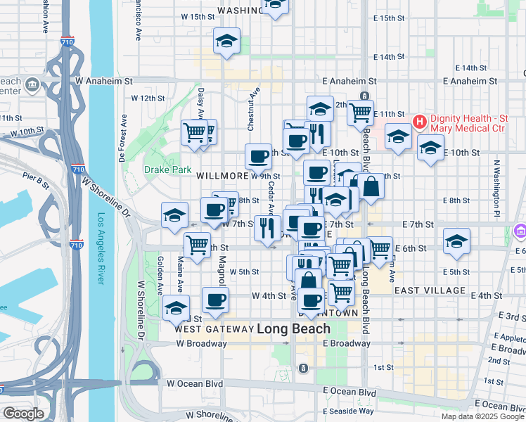 map of restaurants, bars, coffee shops, grocery stores, and more near 309 West 7th Street in Long Beach