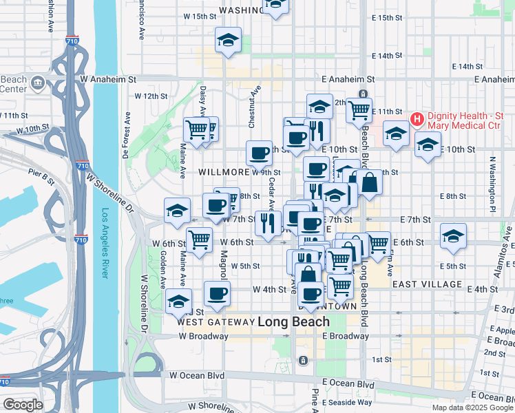 map of restaurants, bars, coffee shops, grocery stores, and more near 309 West 7th Street in Long Beach